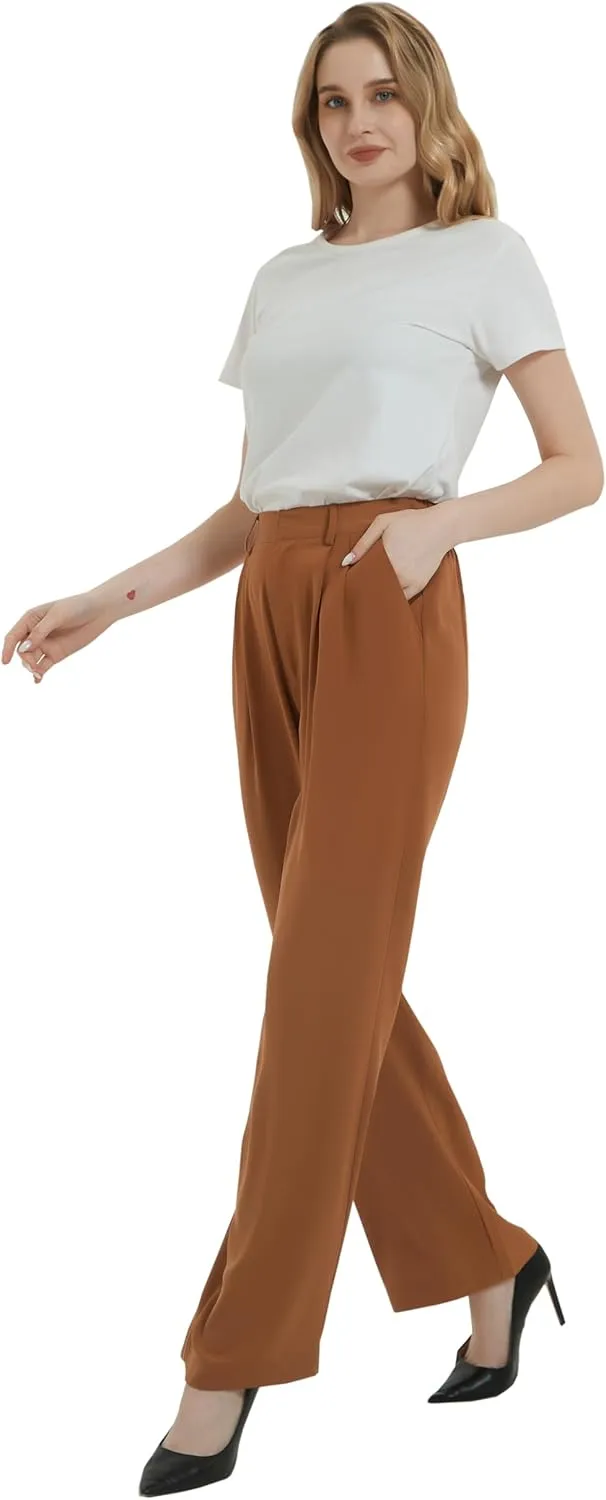 Tronjori Women High Waist Casual Straight Leg Long Business Work Suit Dress Pants Wide Leg Trousers Regular Waistband