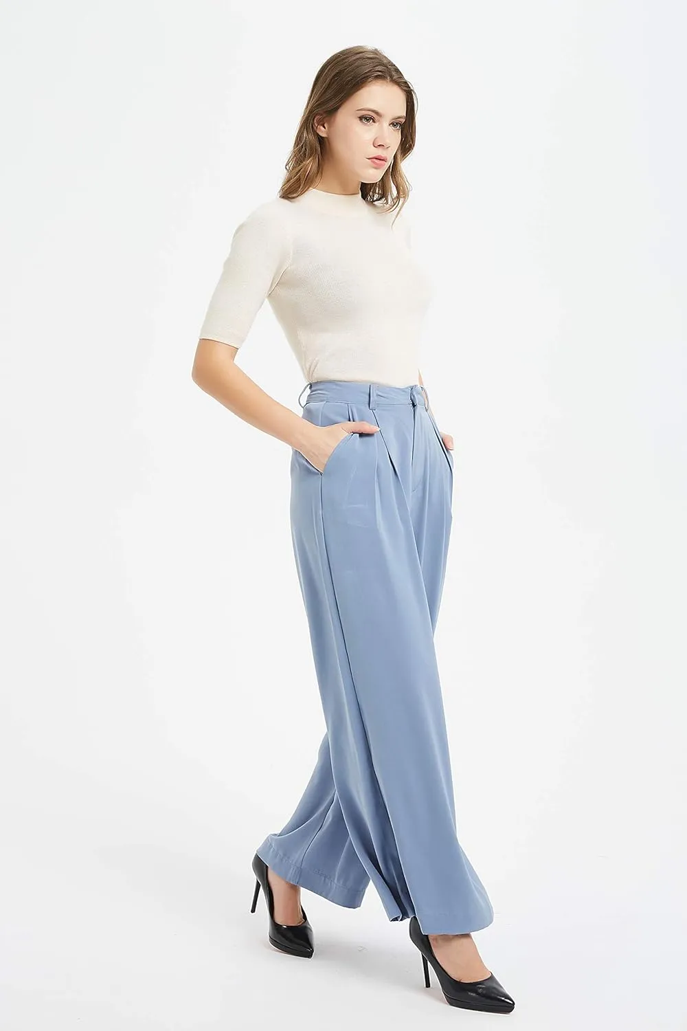 Tronjori Women High Waist Casual Wide Leg Long Palazzo Pants Trousers Regular Size