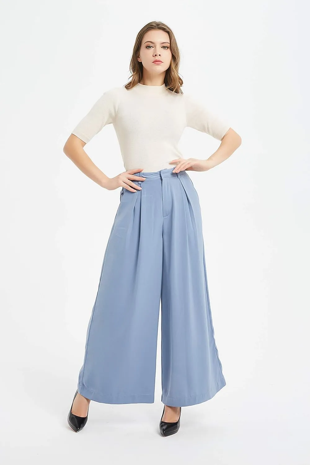 Tronjori Women High Waist Casual Wide Leg Long Palazzo Pants Trousers Regular Size