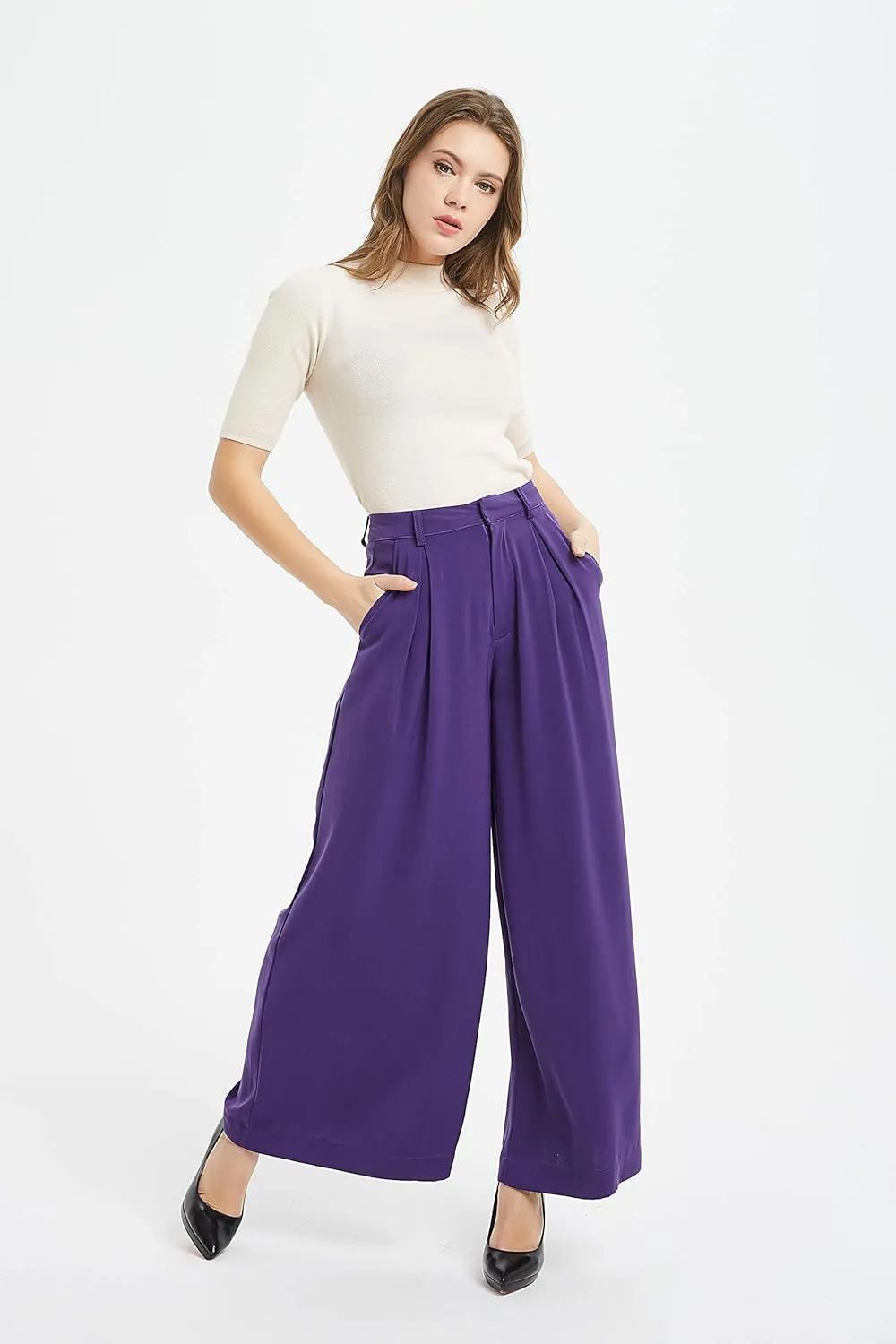 Tronjori Women High Waist Casual Wide Leg Long Palazzo Pants Trousers Regular Size
