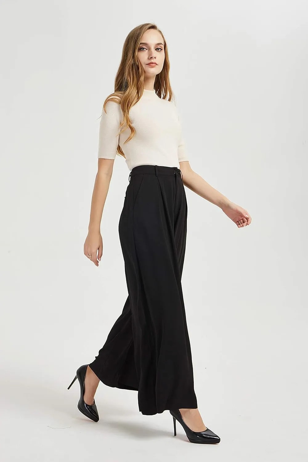 Tronjori Women High Waist Casual Wide Leg Long Palazzo Pants Trousers Regular Size
