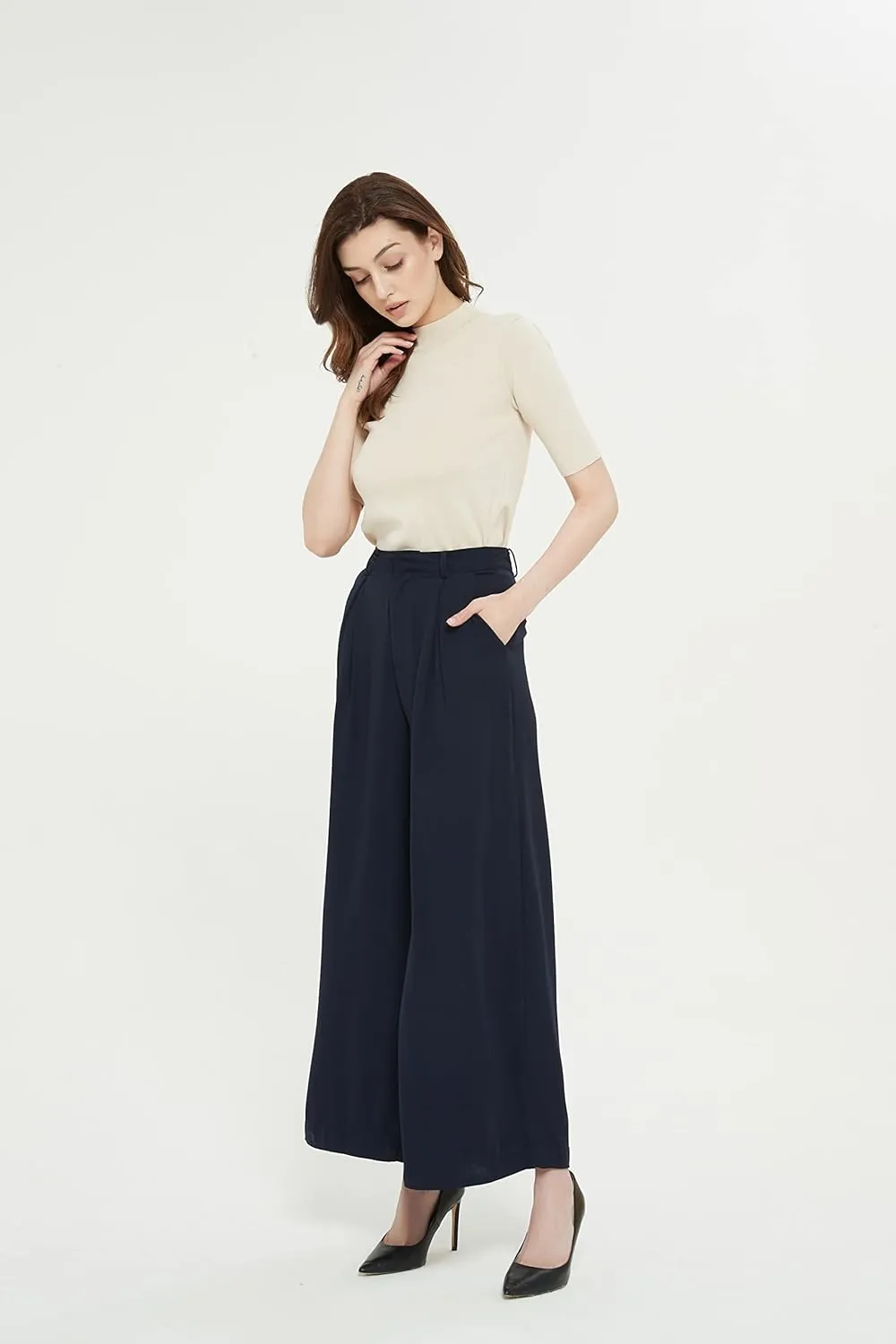 Tronjori Women High Waist Casual Wide Leg Long Palazzo Pants Trousers Regular Size