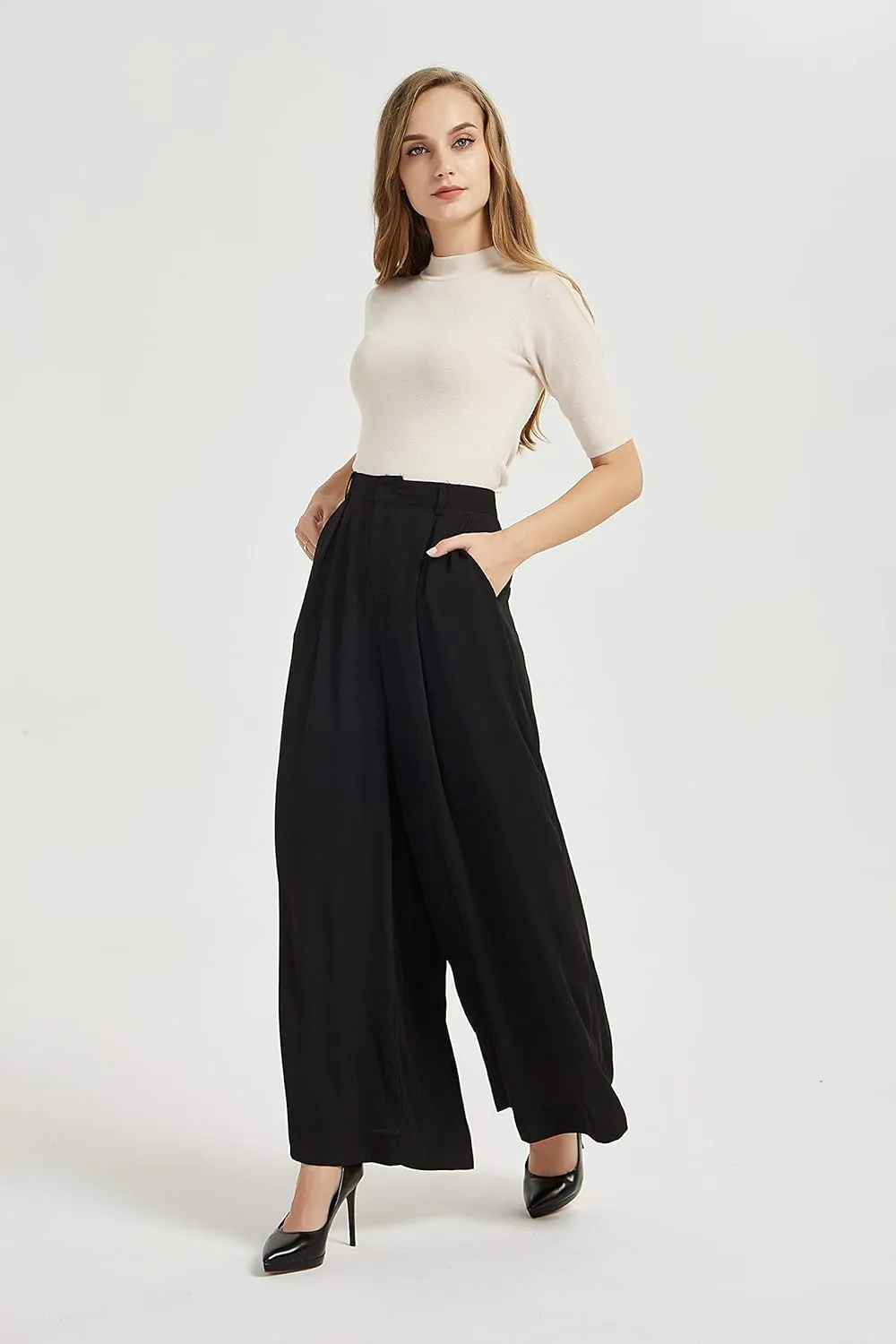 Tronjori Women High Waist Casual Wide Leg Long Palazzo Pants Trousers Regular Size