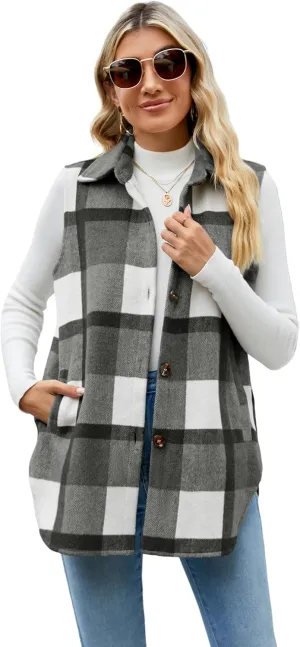 UANEO Womens Fall Flannel Plaid Vest Button Down Sleeveless Shirt Jacket With Pockets