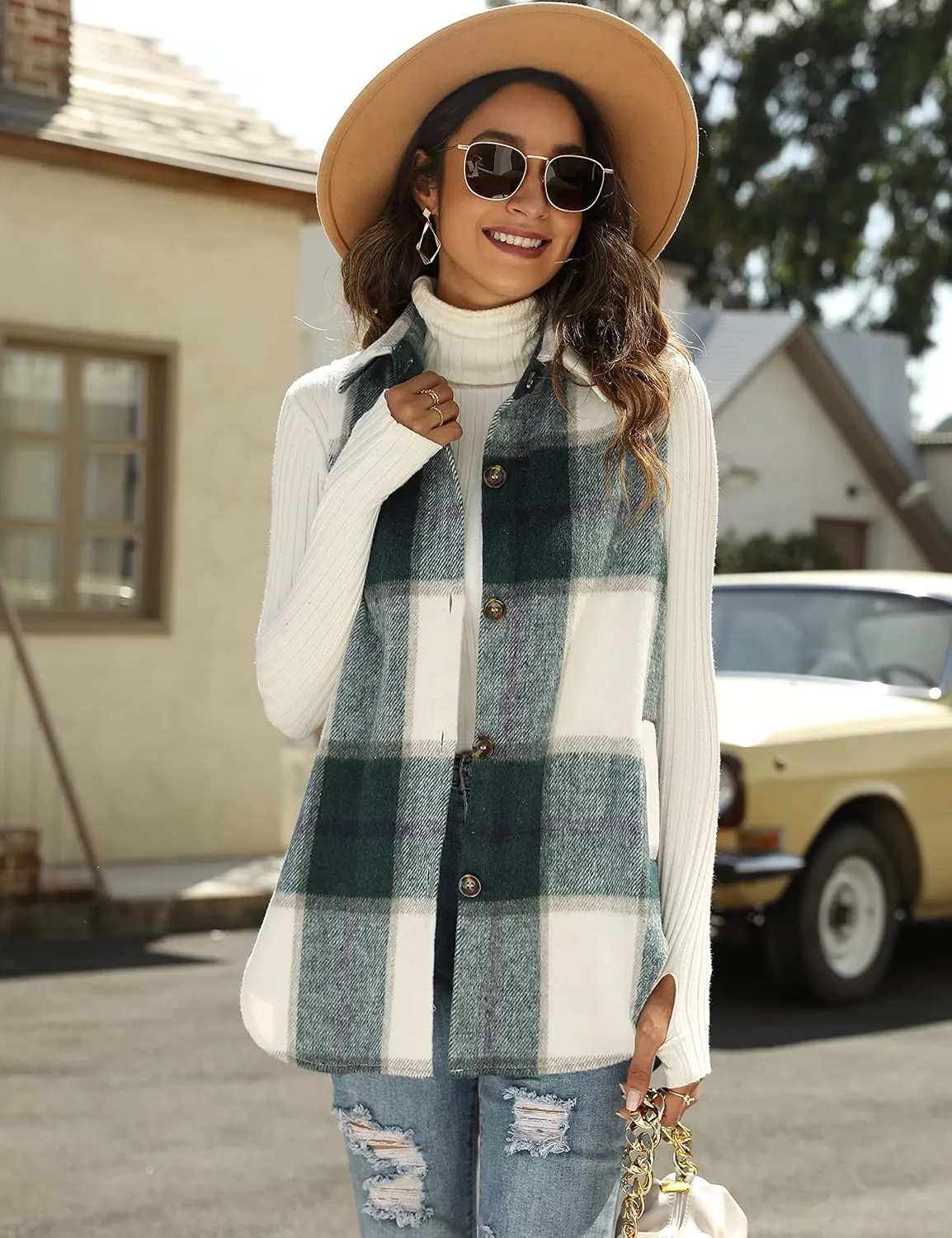 UANEO Womens Fall Flannel Plaid Vest Button Down Sleeveless Shirt Jacket With Pockets