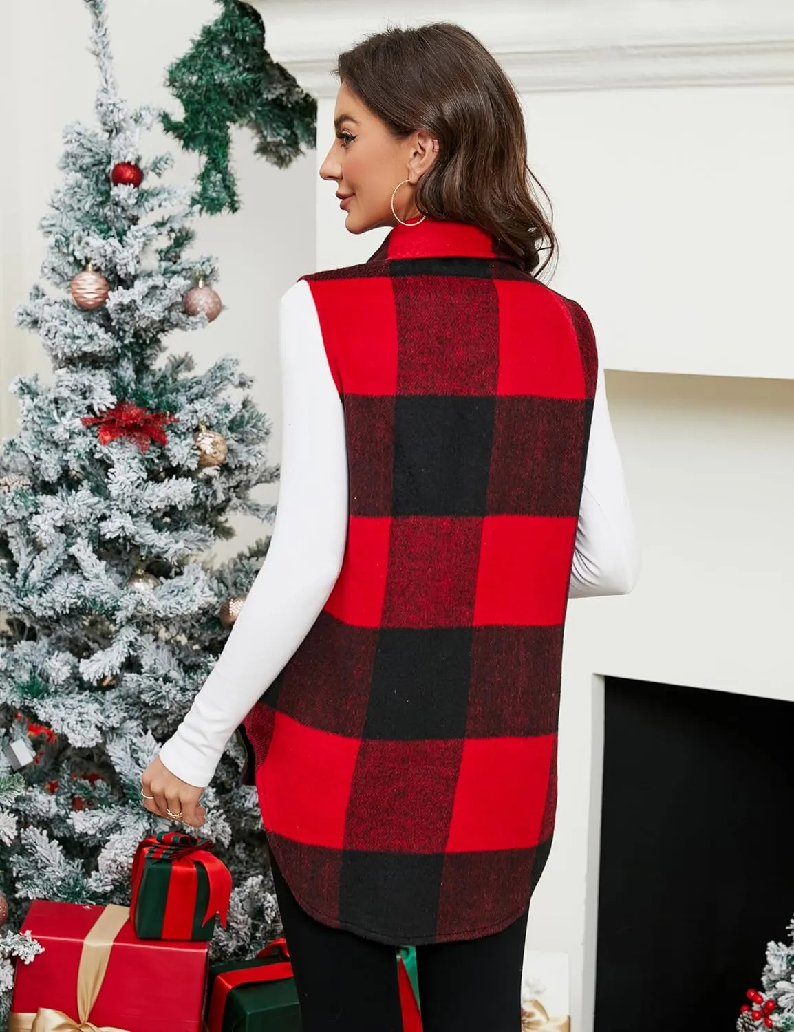 UANEO Womens Fall Flannel Plaid Vest Button Down Sleeveless Shirt Jacket With Pockets