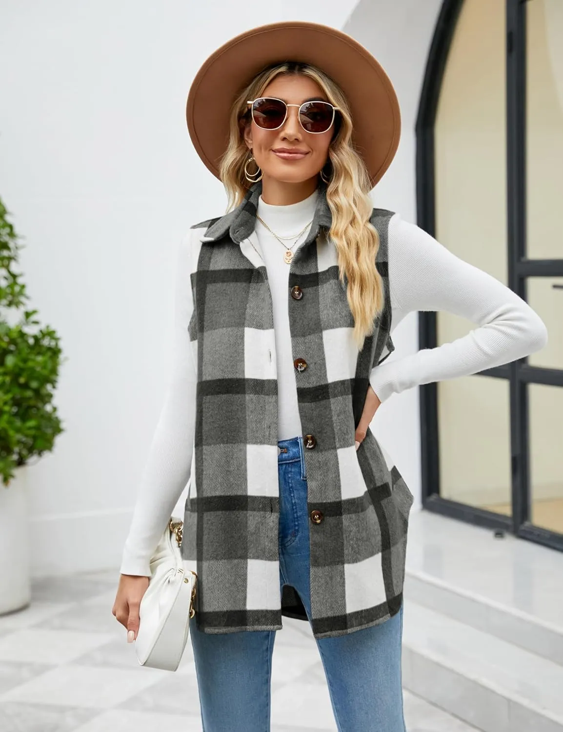 UANEO Womens Fall Flannel Plaid Vest Button Down Sleeveless Shirt Jacket With Pockets