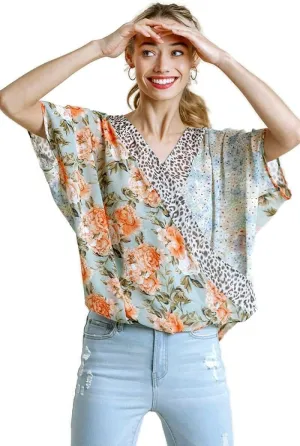 Umgee Women's Sheer Mixed Print Overlap Top