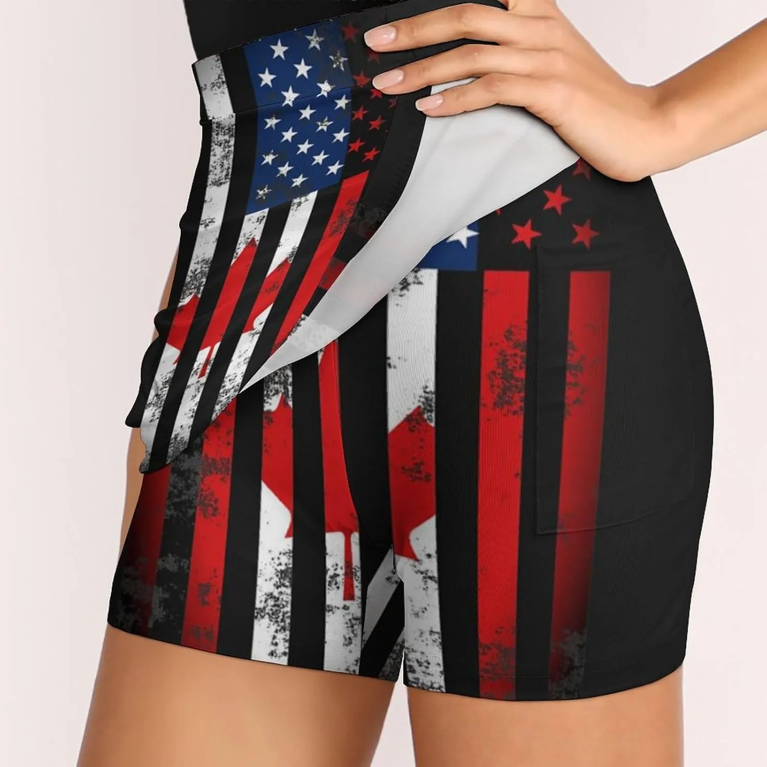 USA Canadian Flag Women's Mini Tennis Skirt with Shorts Underneath Athletic Workout Cute Skorts