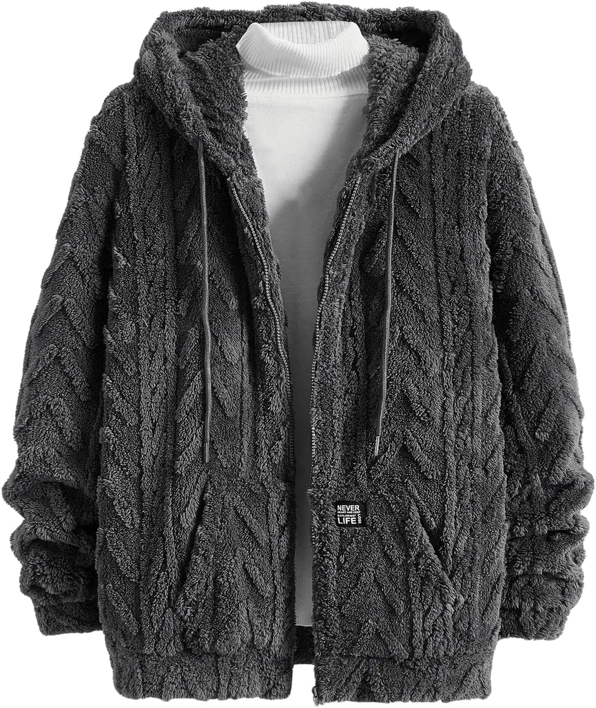 Verdusa Men's Zip Up Hoodies Fuzzy Fleece Jacket Long Sleeve Hooded Jackets Winter Coats Warm Outwear