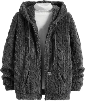 Verdusa Men's Zip Up Hoodies Fuzzy Fleece Jacket Long Sleeve Hooded Jackets Winter Coats Warm Outwear