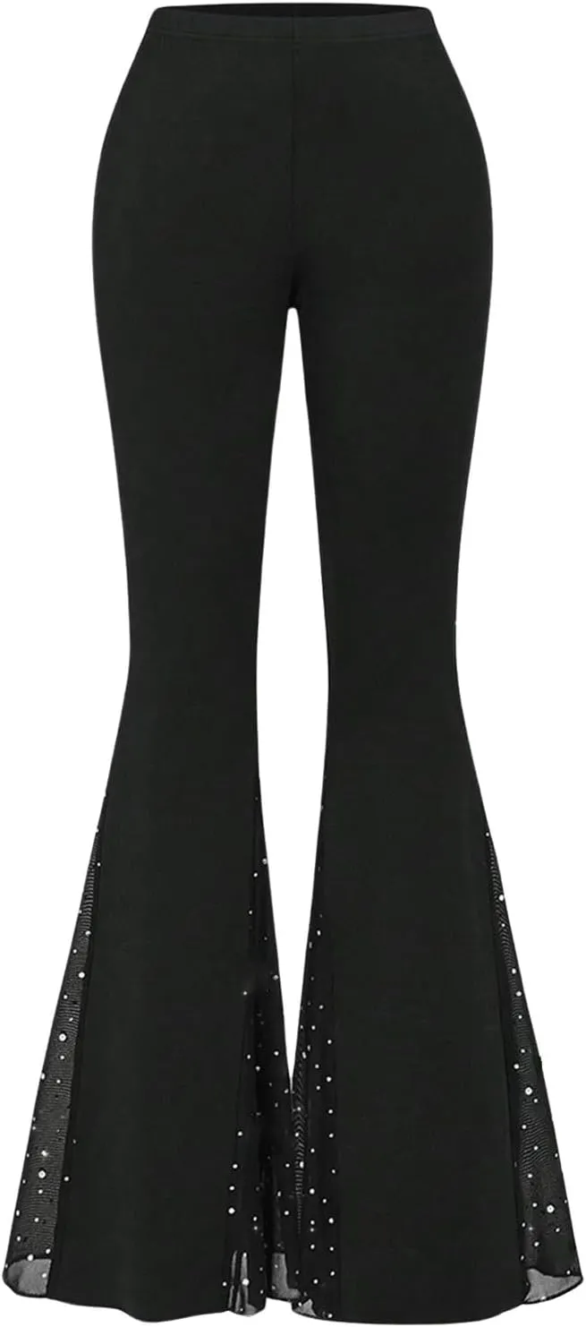 Verdusa Women's Bell Bottom Wide Leg Lace Pants Y2K Mesh Goth Flare Pants Party Clubwear