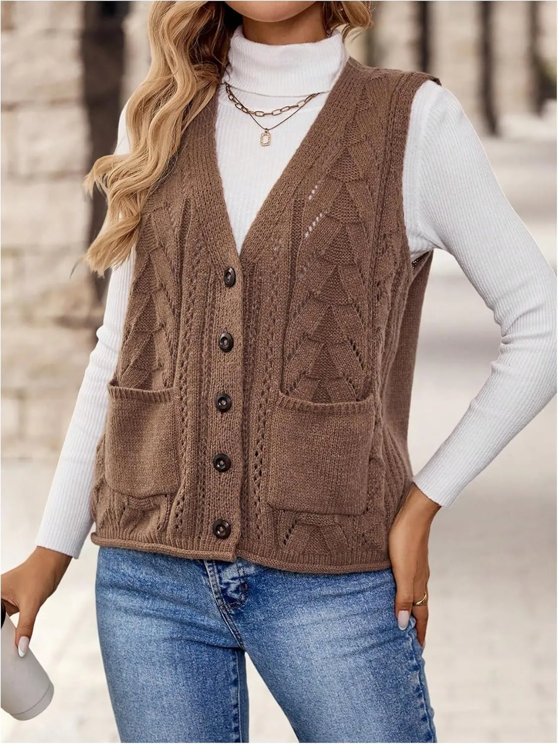 Verdusa Women's Knit Sweater Vest Sleeveless Button Down Cardigan Outwear with Pockets