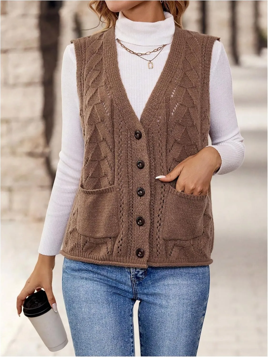 Verdusa Women's Knit Sweater Vest Sleeveless Button Down Cardigan Outwear with Pockets