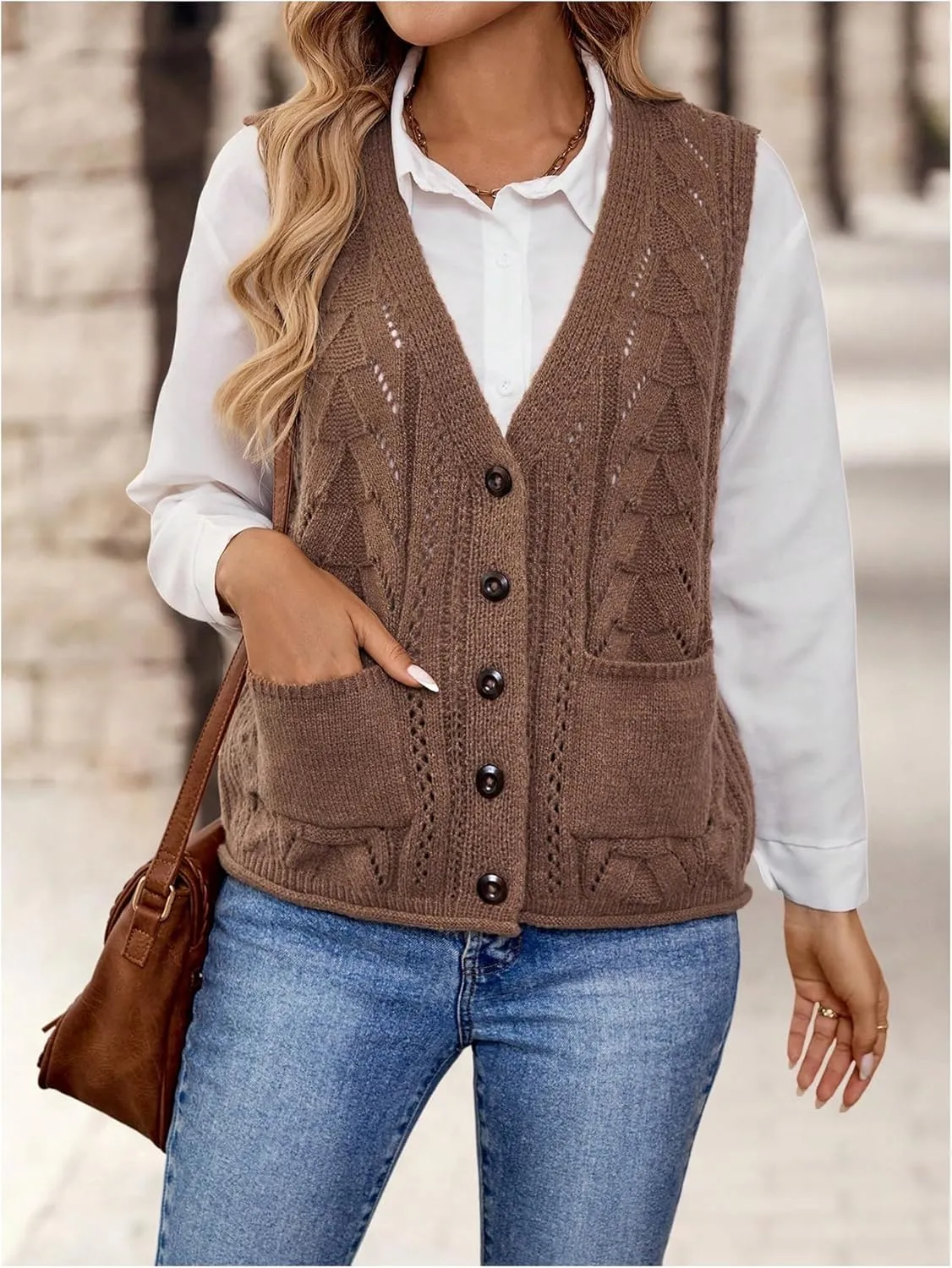 Verdusa Women's Knit Sweater Vest Sleeveless Button Down Cardigan Outwear with Pockets