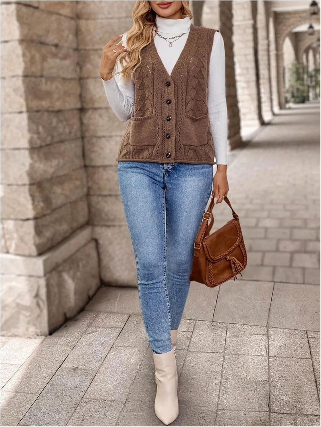 Verdusa Women's Knit Sweater Vest Sleeveless Button Down Cardigan Outwear with Pockets