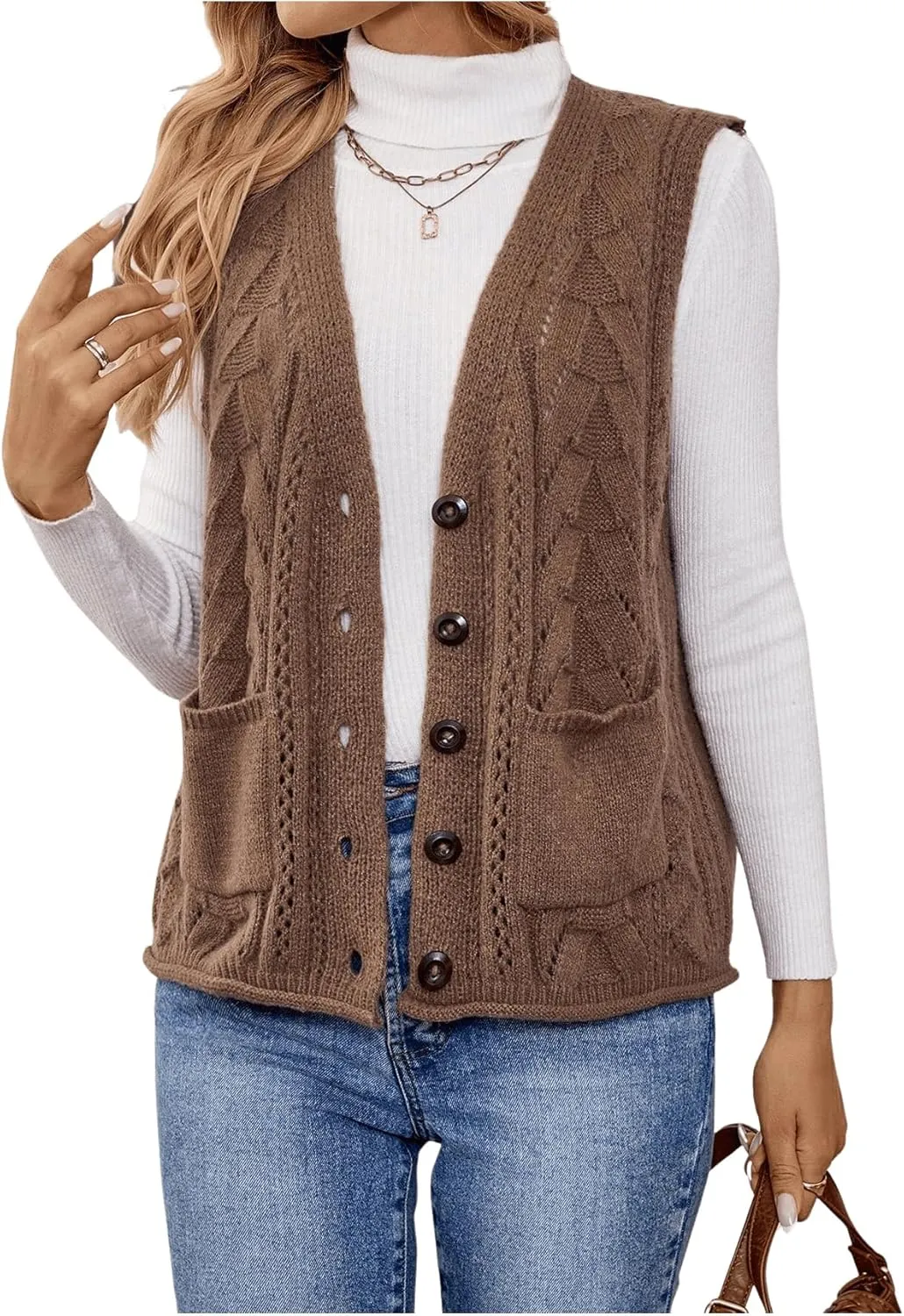 Verdusa Women's Knit Sweater Vest Sleeveless Button Down Cardigan Outwear with Pockets