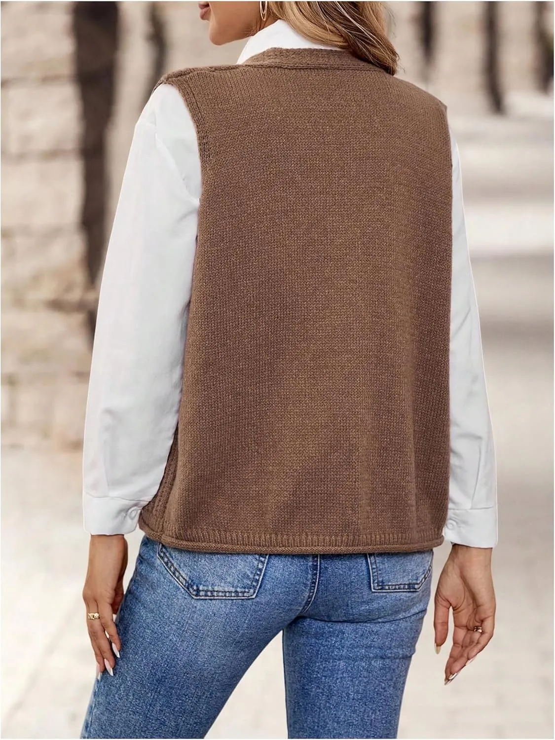 Verdusa Women's Knit Sweater Vest Sleeveless Button Down Cardigan Outwear with Pockets
