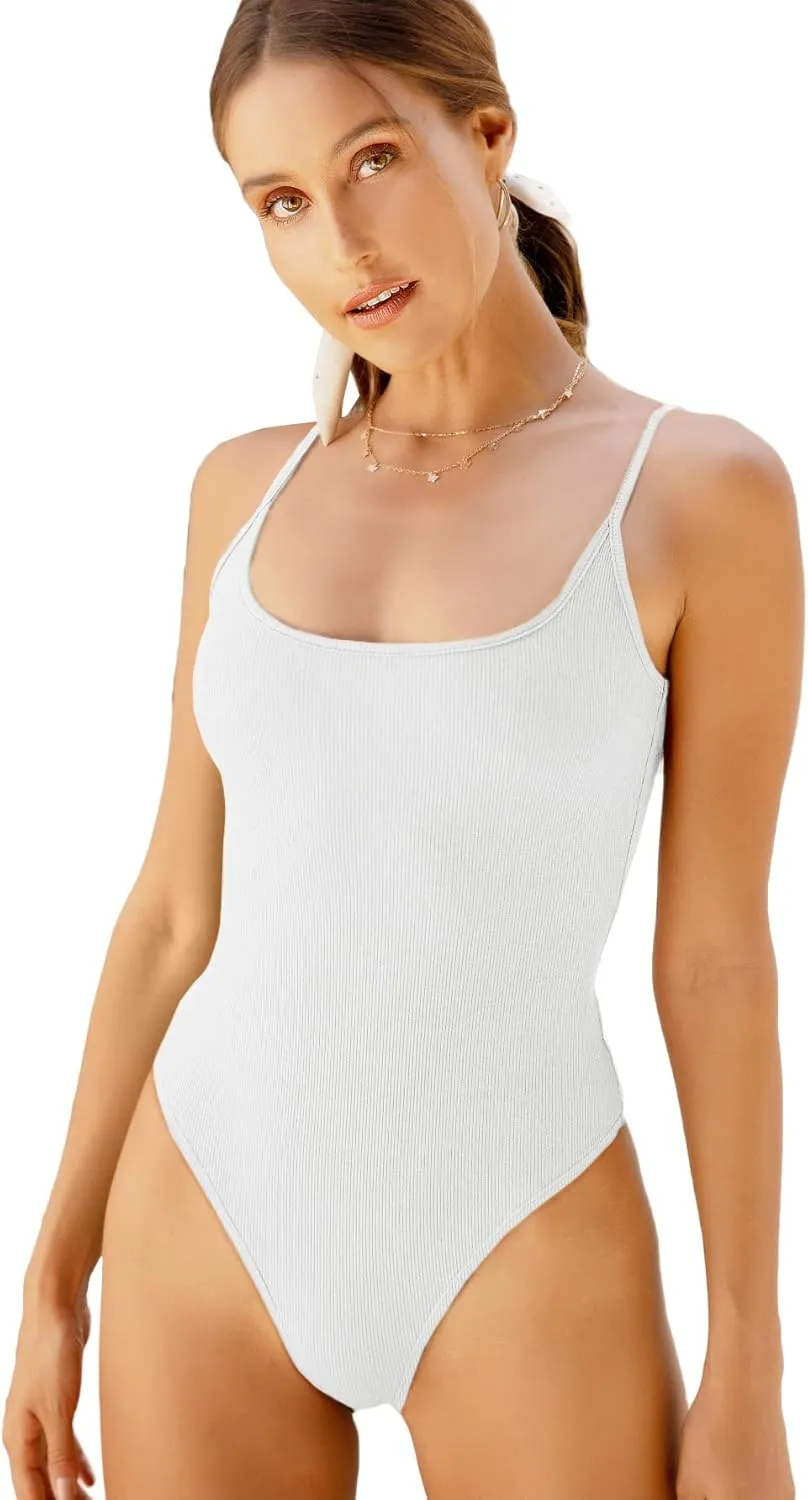 Verdusa Women's Open Back Basics T Shirt Sleeveless Strap Bodycon Cami Bodysuit Tops Tops