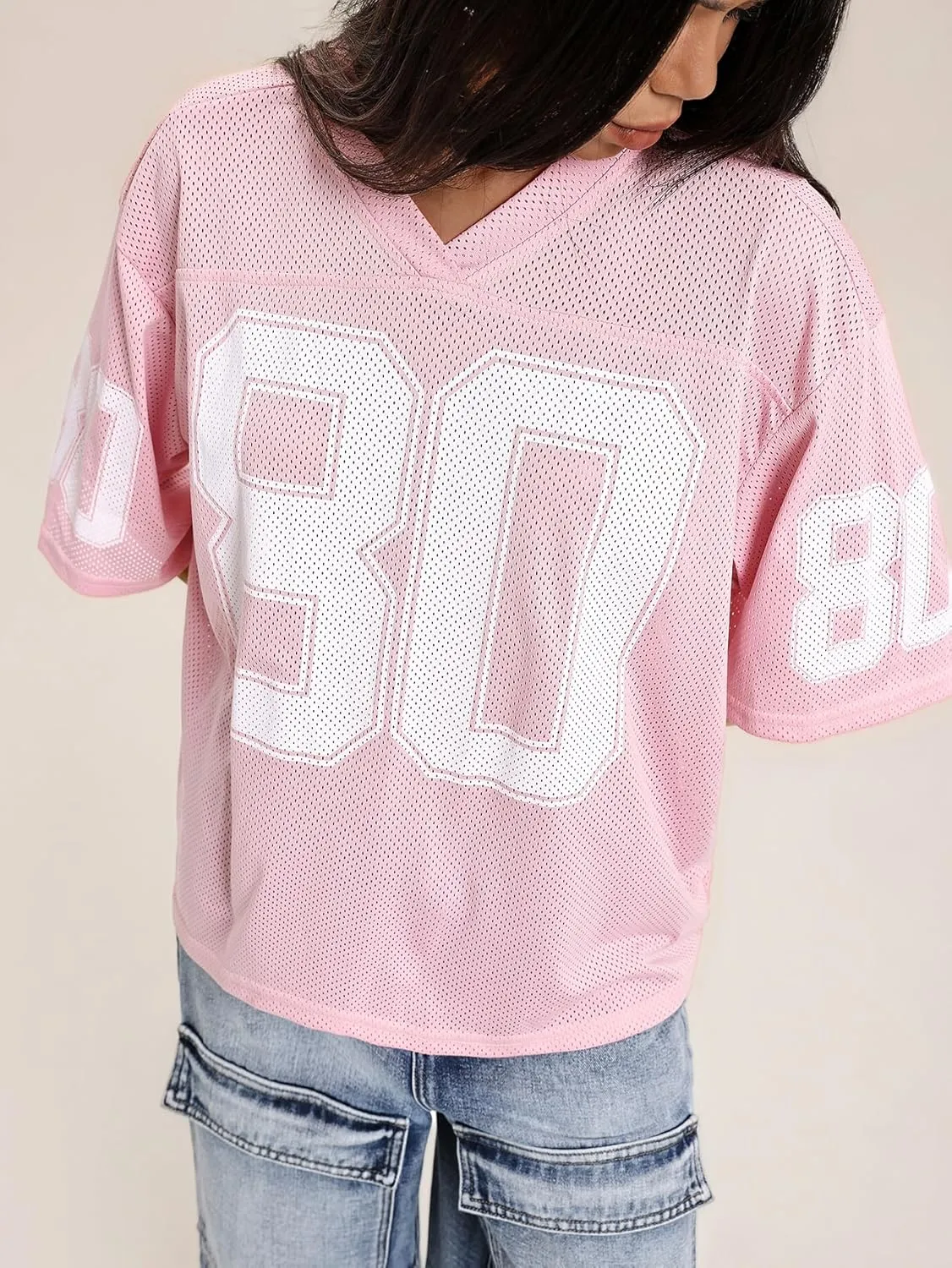 Verdusa Women's Oversized Y2K Mesh Number Graphic Shirts V Neck Letter Print Jersey Tee Tops