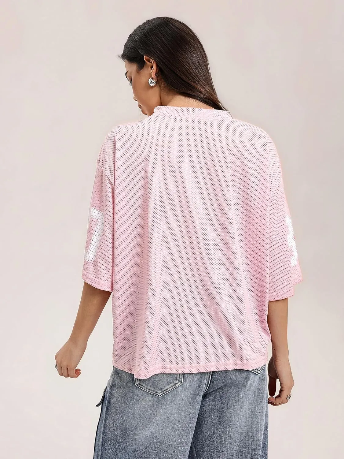 Verdusa Women's Oversized Y2K Mesh Number Graphic Shirts V Neck Letter Print Jersey Tee Tops