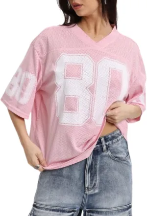 Verdusa Women's Oversized Y2K Mesh Number Graphic Shirts V Neck Letter Print Jersey Tee Tops
