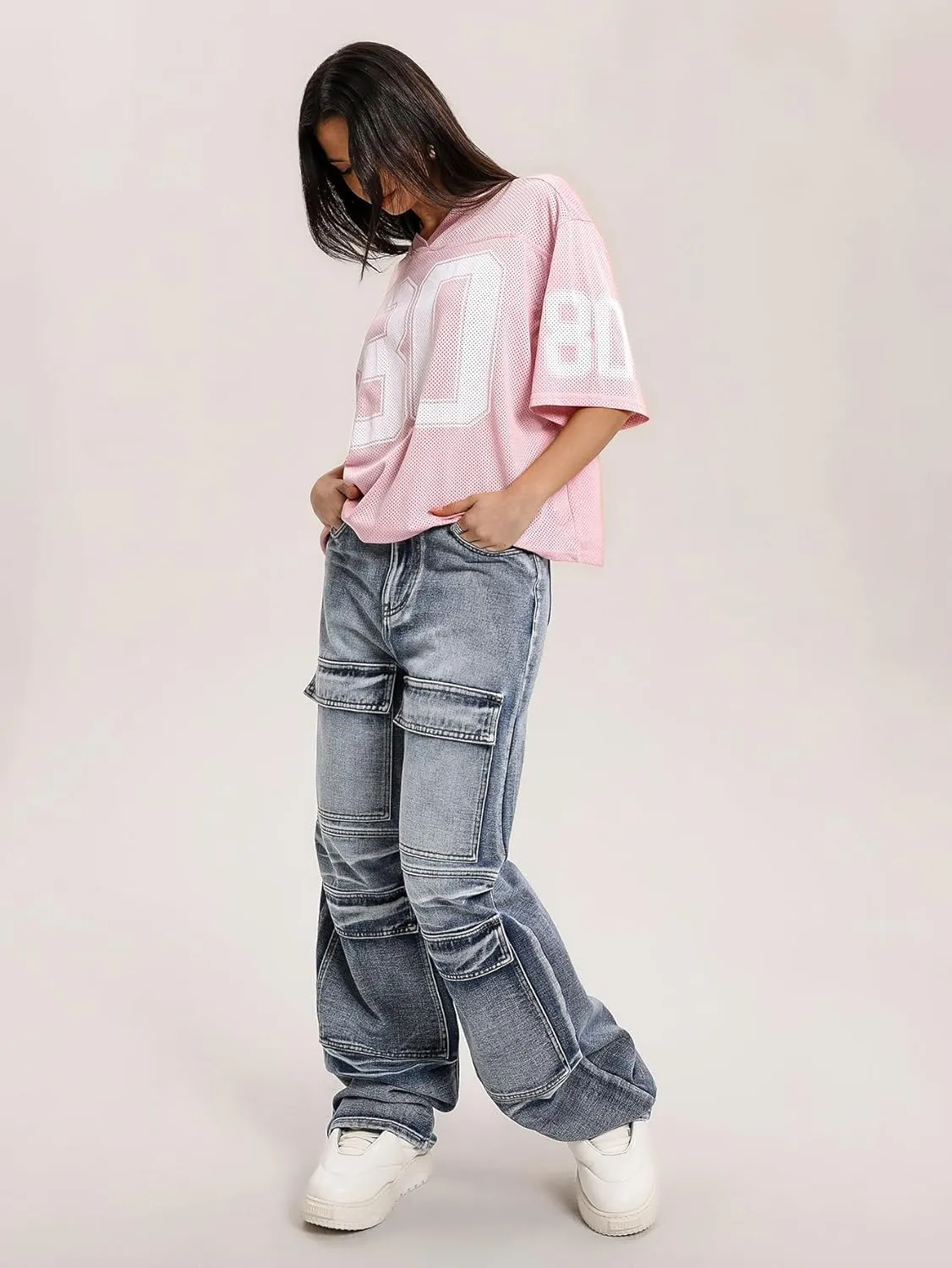 Verdusa Women's Oversized Y2K Mesh Number Graphic Shirts V Neck Letter Print Jersey Tee Tops