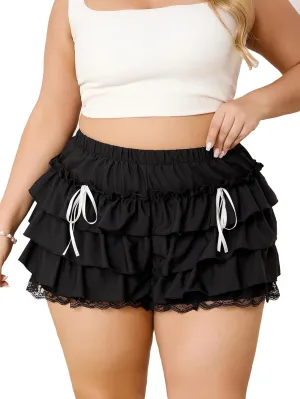 Verdusa Women's Plus Size Coquette Ruffle Shorts Bow Front Lace Trim Bloomer Shorts