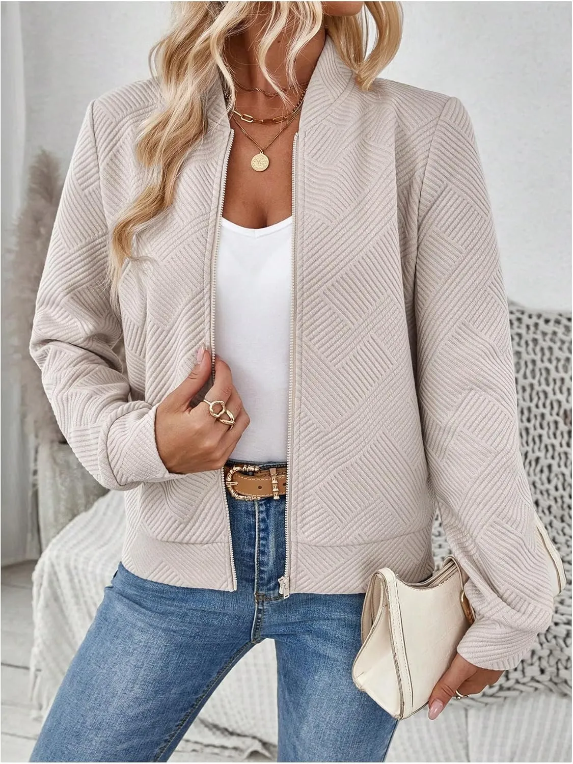 Verdusa Women's Zip Up Textured Bomber Jacket Casual Long Sleeve Outerwear
