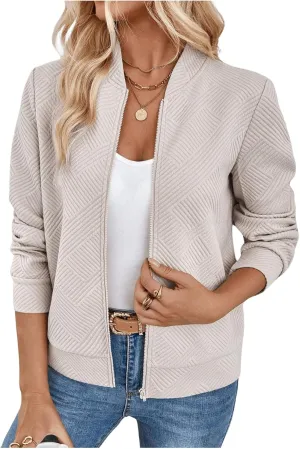Verdusa Women's Zip Up Textured Bomber Jacket Casual Long Sleeve Outerwear