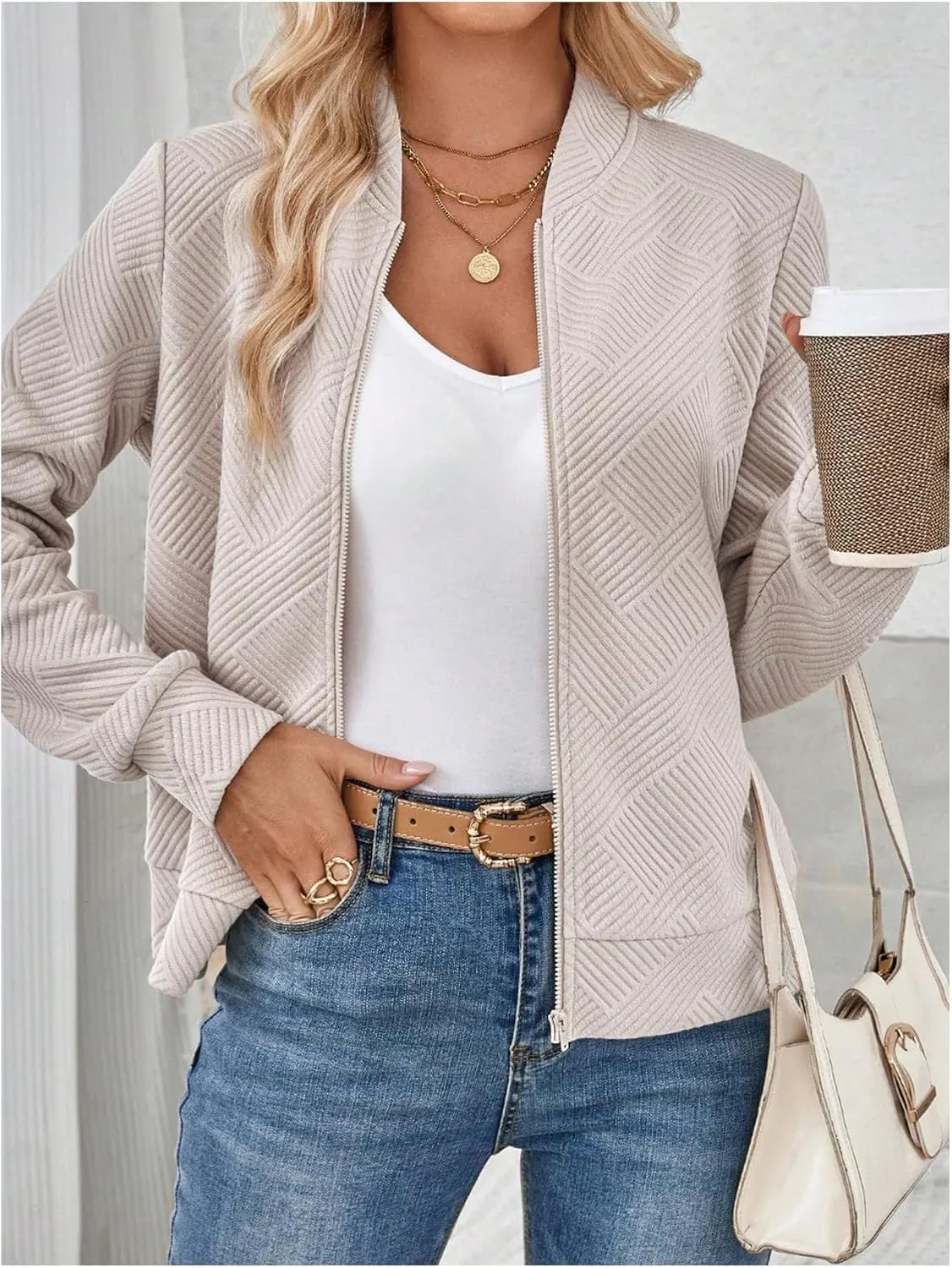 Verdusa Women's Zip Up Textured Bomber Jacket Casual Long Sleeve Outerwear