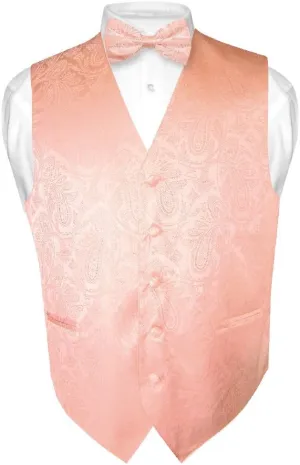 Vesuvio Napoli Men's Paisley Design Dress Vest & Bow Tie PEACH Color BOWTie Set for Suit Tux