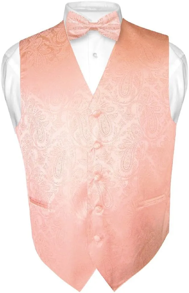 Vesuvio Napoli Men's Paisley Design Dress Vest & Bow Tie PEACH Color BOWTie Set for Suit Tux