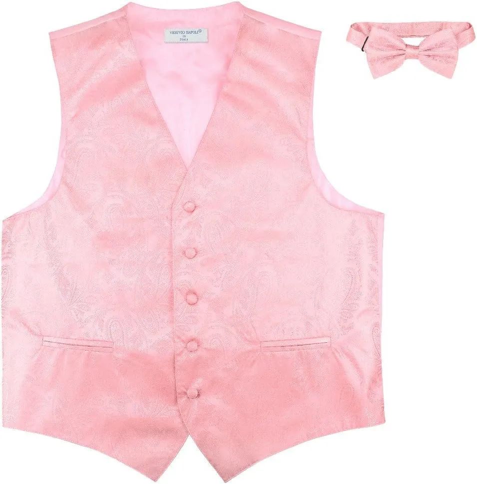 Vesuvio Napoli Men's Paisley Design Dress Vest & Bow Tie PINK Color BOWTie Set for Suit Tuxedo