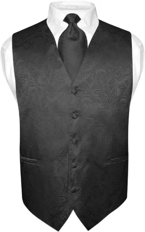 Vesuvio Napoli Men's Paisley Design Dress Vest & NeckTie BLACK Color Neck Tie Set for Suit Tux