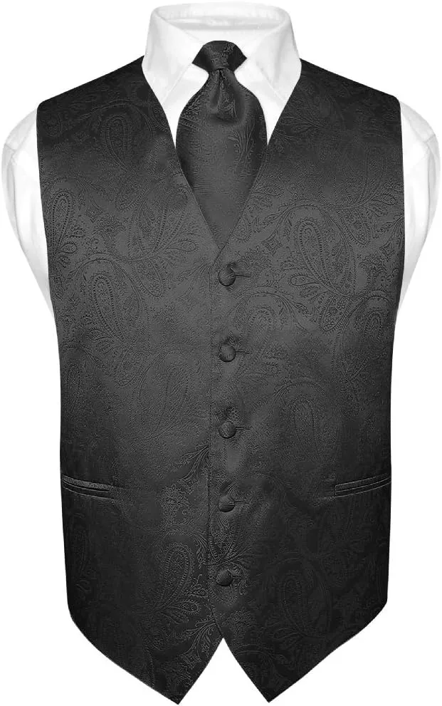 Vesuvio Napoli Men's Paisley Design Dress Vest & NeckTie BLACK Color Neck Tie Set for Suit Tux