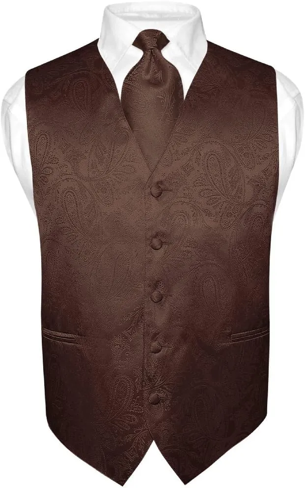 Vesuvio Napoli Men's Paisley Design Dress Vest & NeckTie BLACK Color Neck Tie Set for Suit Tux