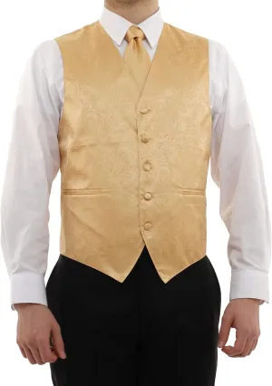 Vesuvio Napoli Men's Paisley Design Dress Vest & NeckTie GOLD Color Neck Tie Set for Suit Tux
