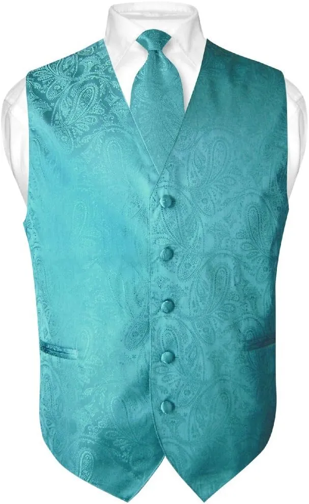 Vesuvio Napoli Men's Paisley Design Dress Vest & NeckTie GOLD Color Neck Tie Set for Suit Tux