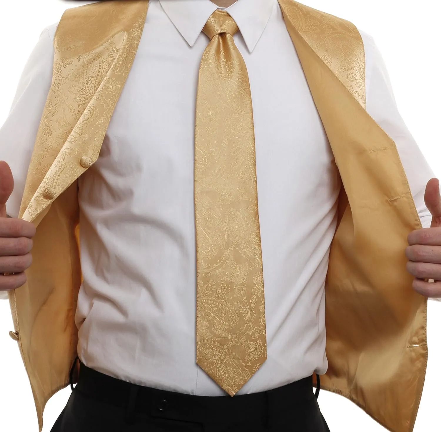 Vesuvio Napoli Men's Paisley Design Dress Vest & NeckTie GOLD Color Neck Tie Set for Suit Tux