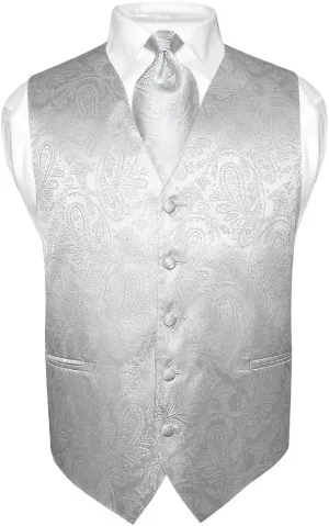 Vesuvio Napoli Men's Paisley Design Dress Vest & NeckTie SILVER GREY Color Gray Neck Tie Set