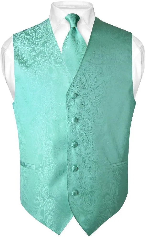 Vesuvio Napoli Men's Paisley Design Dress Vest & NeckTie SILVER GREY Color Gray Neck Tie Set