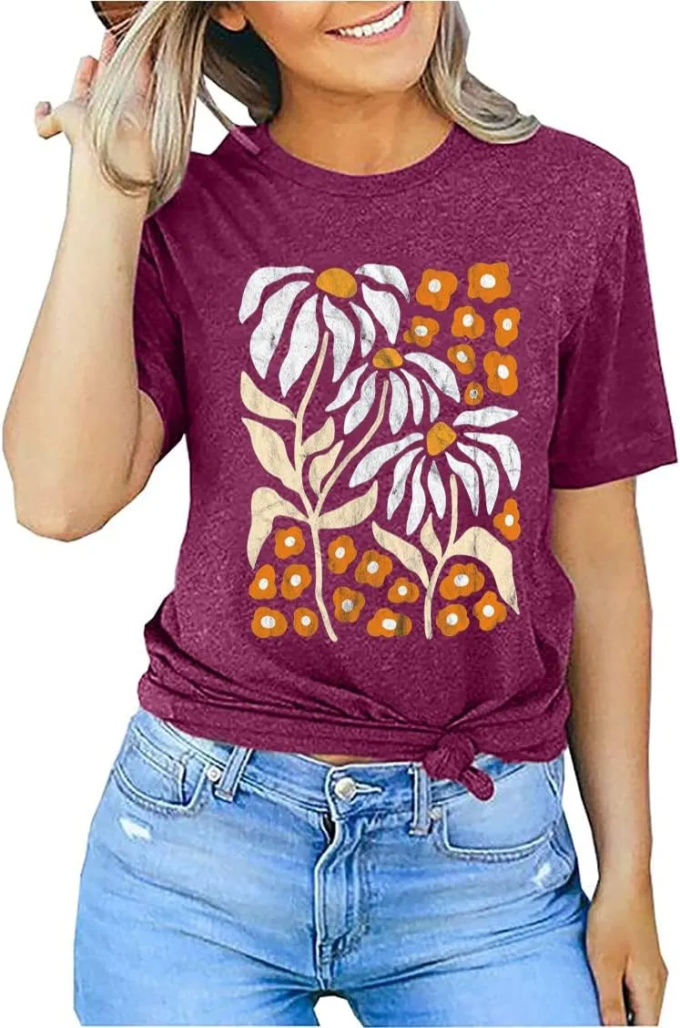 Vintage Flowers Tshirt Women Boho Distressed Wildflowers Graphic Tee Casual Short Sleeve Nature Shirts Tops