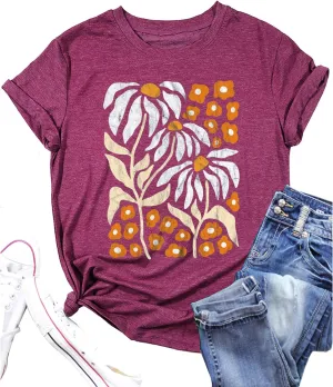 Vintage Flowers Tshirt Women Boho Distressed Wildflowers Graphic Tee Casual Short Sleeve Nature Shirts Tops