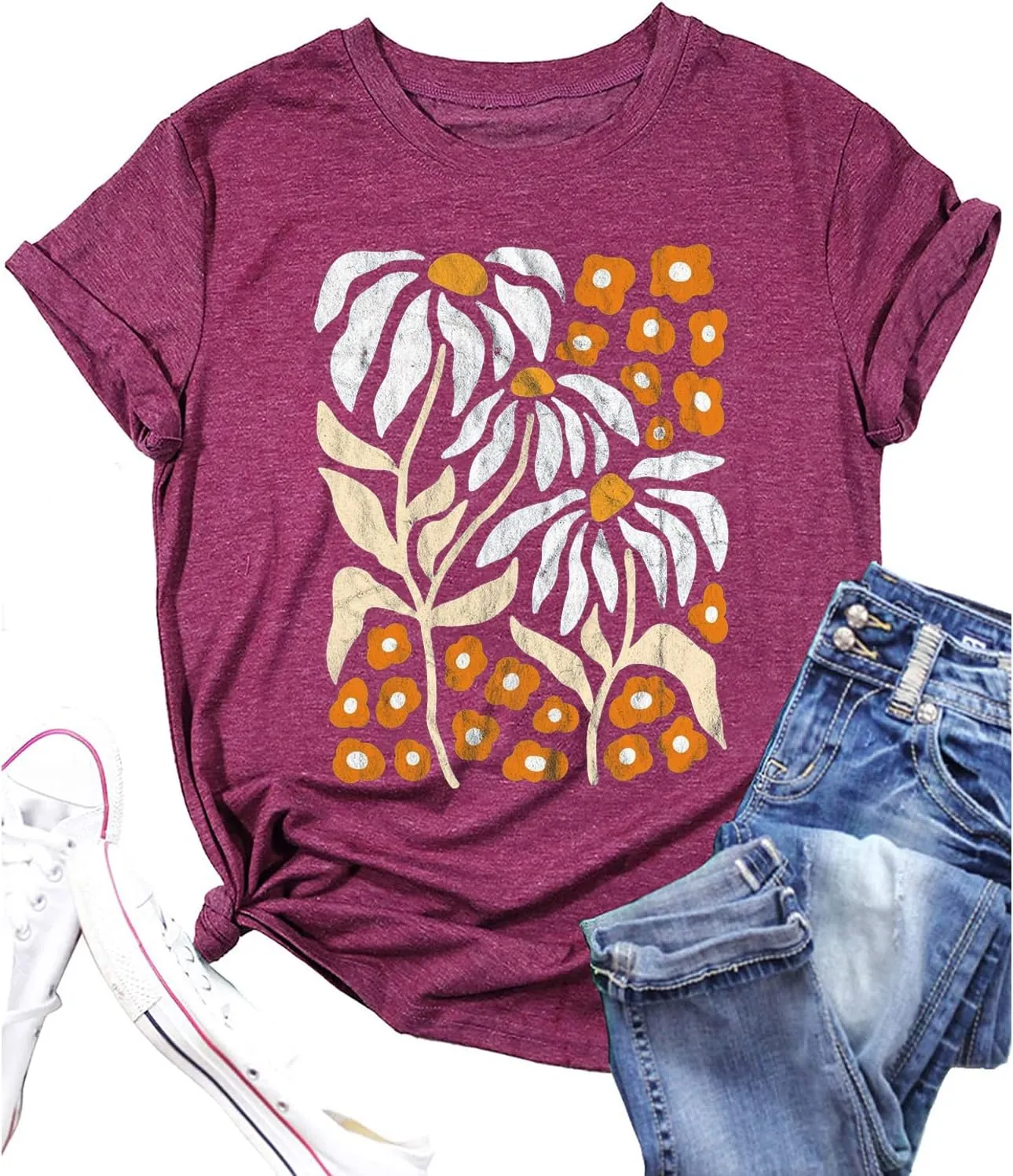Vintage Flowers Tshirt Women Boho Distressed Wildflowers Graphic Tee Casual Short Sleeve Nature Shirts Tops