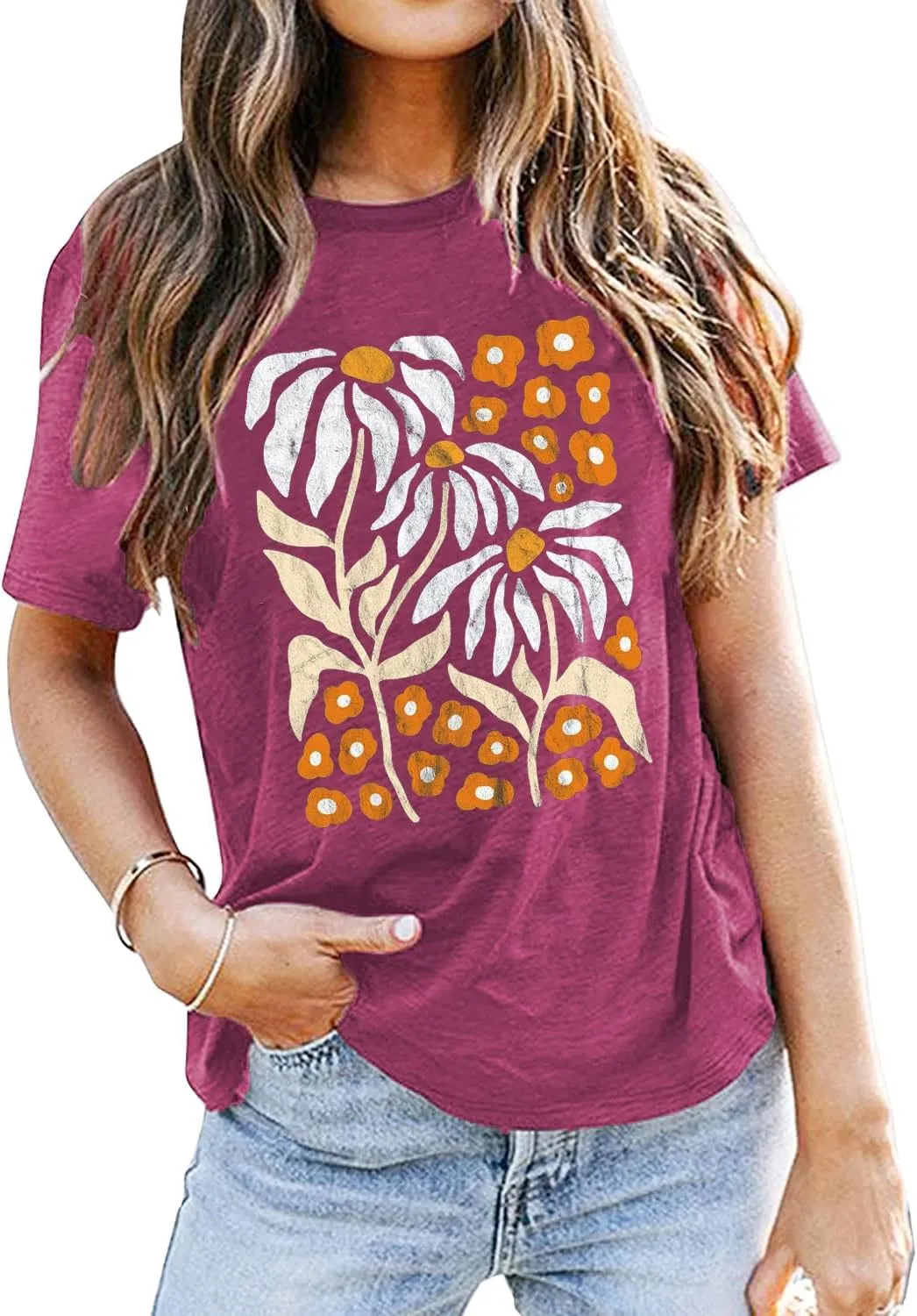 Vintage Flowers Tshirt Women Boho Distressed Wildflowers Graphic Tee Casual Short Sleeve Nature Shirts Tops