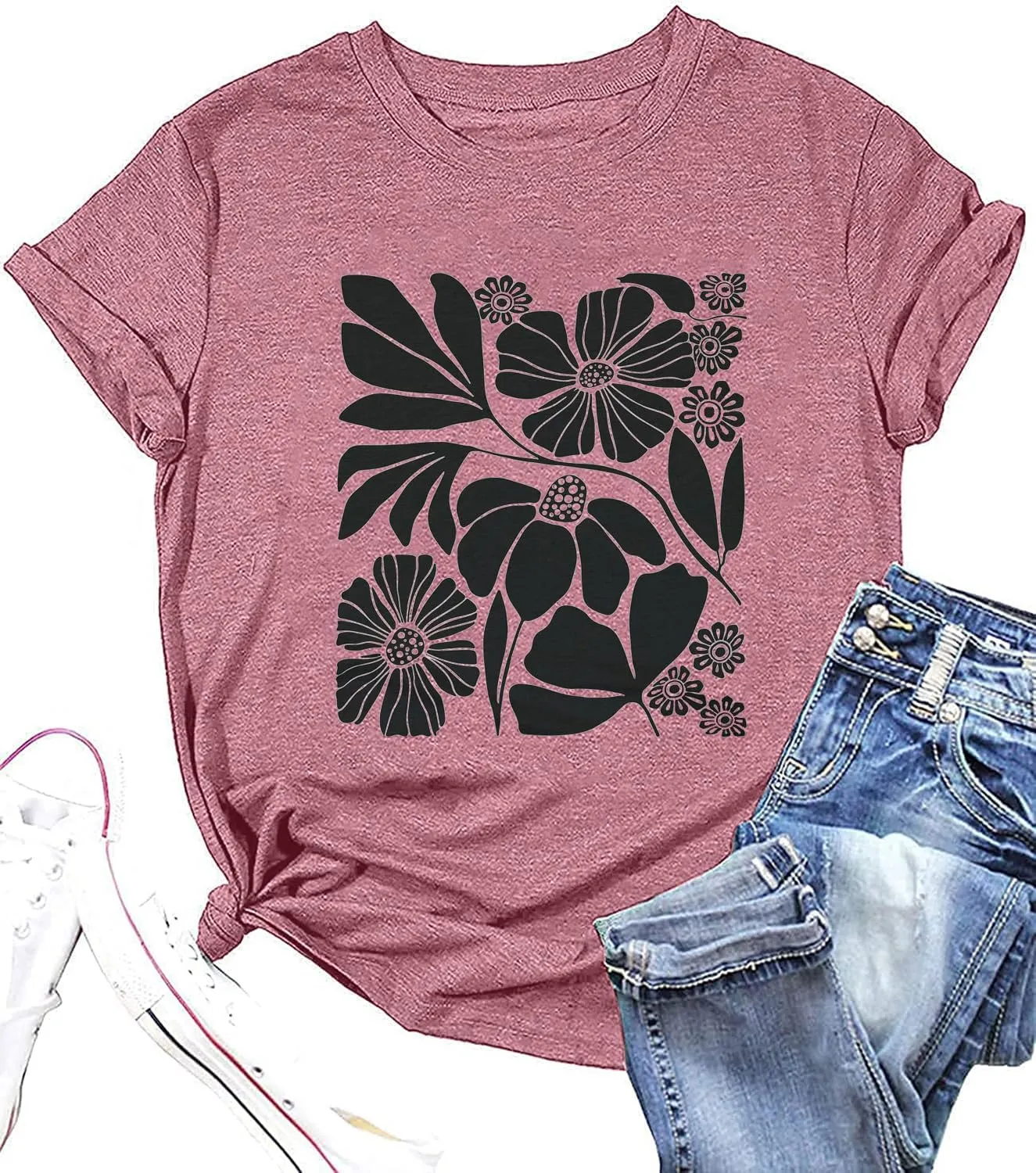 Vintage Flowers Tshirt Women Boho Distressed Wildflowers Graphic Tee Casual Short Sleeve Nature Shirts Tops