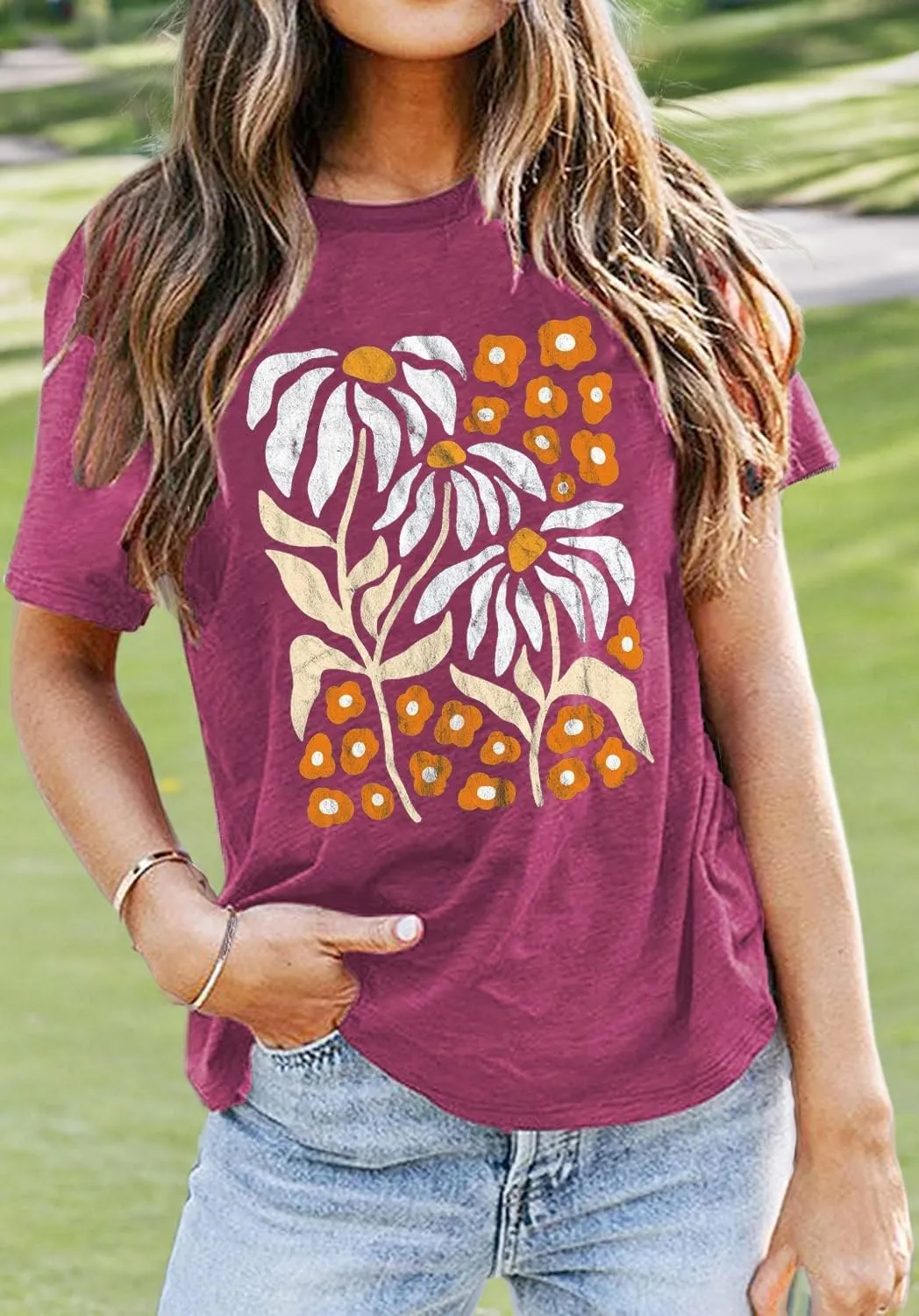 Vintage Flowers Tshirt Women Boho Distressed Wildflowers Graphic Tee Casual Short Sleeve Nature Shirts Tops