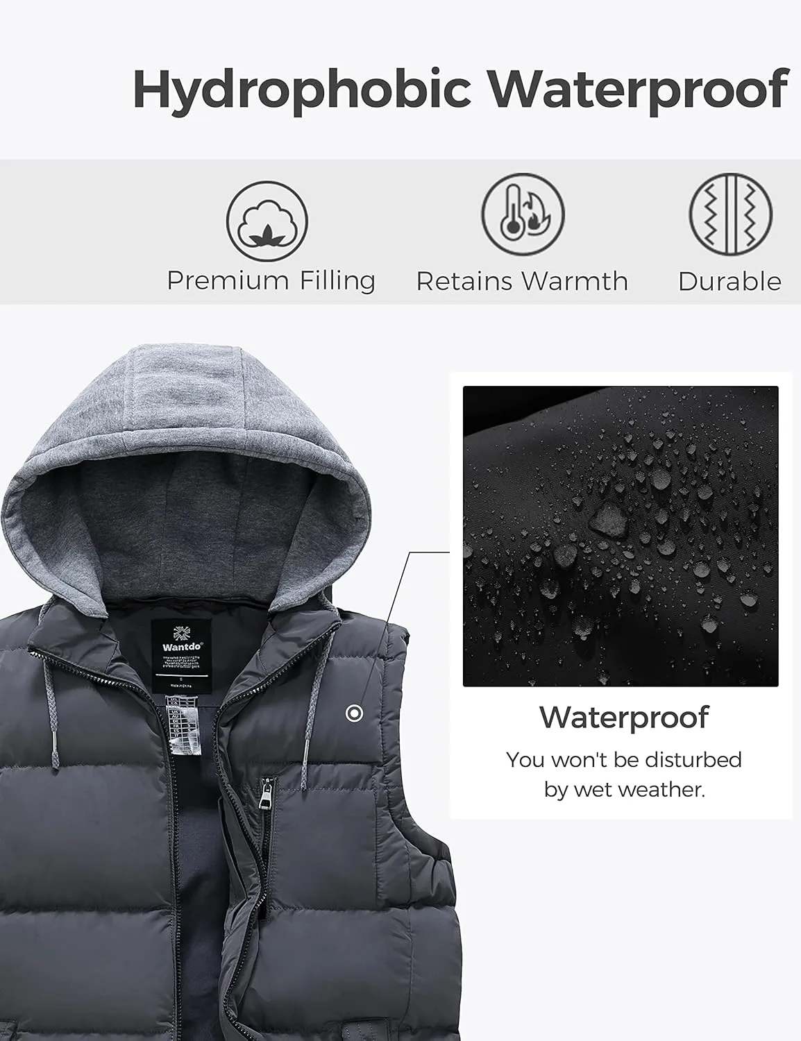 wantdo Men's Quilted Winter Vest Thicken Sleeveless Jacket with Detachable Hood