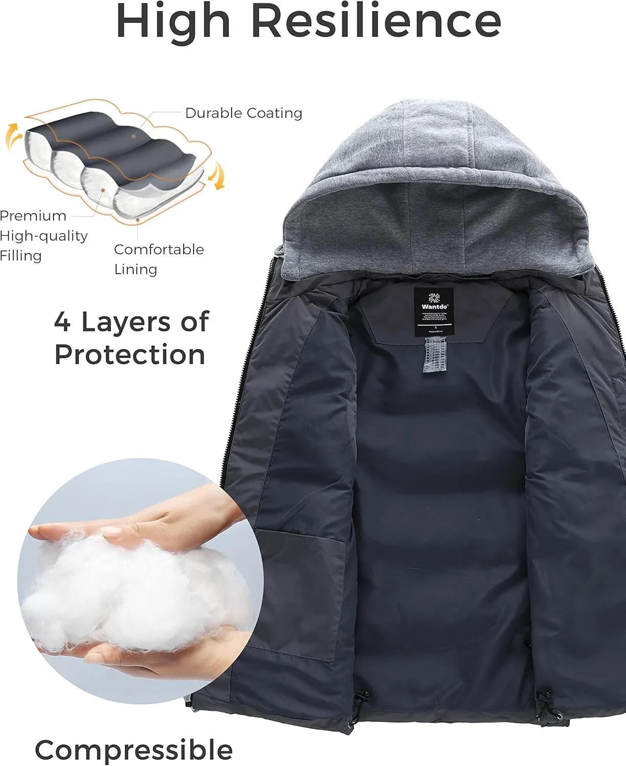 wantdo Men's Quilted Winter Vest Thicken Sleeveless Jacket with Detachable Hood